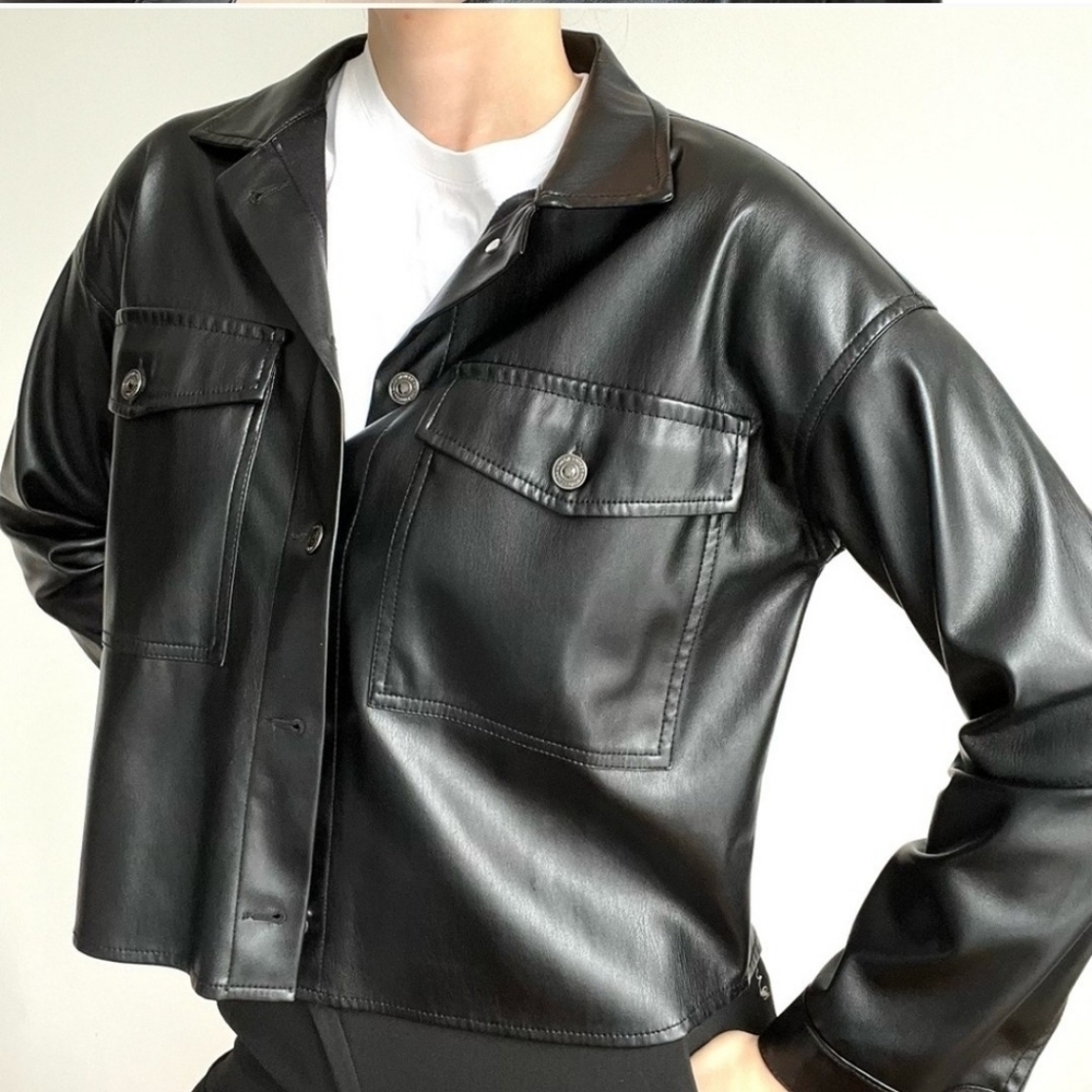 Zara Women's Faux Leather Oversize Cropped Button Down Shirt Black Size Large - Picture 2 of 12